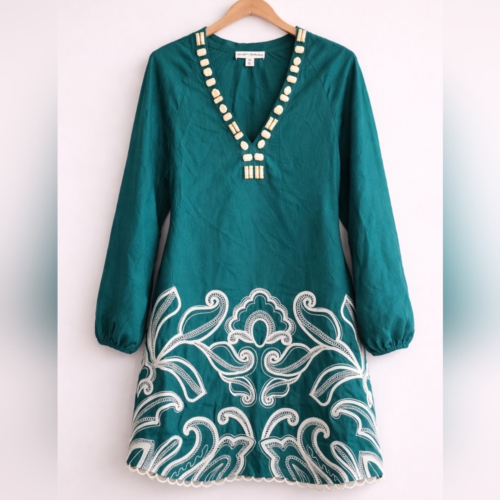 NWT XXS Emerald Linen Blend Embroidered Tunic Dress Boho Beach Travel Embellishe